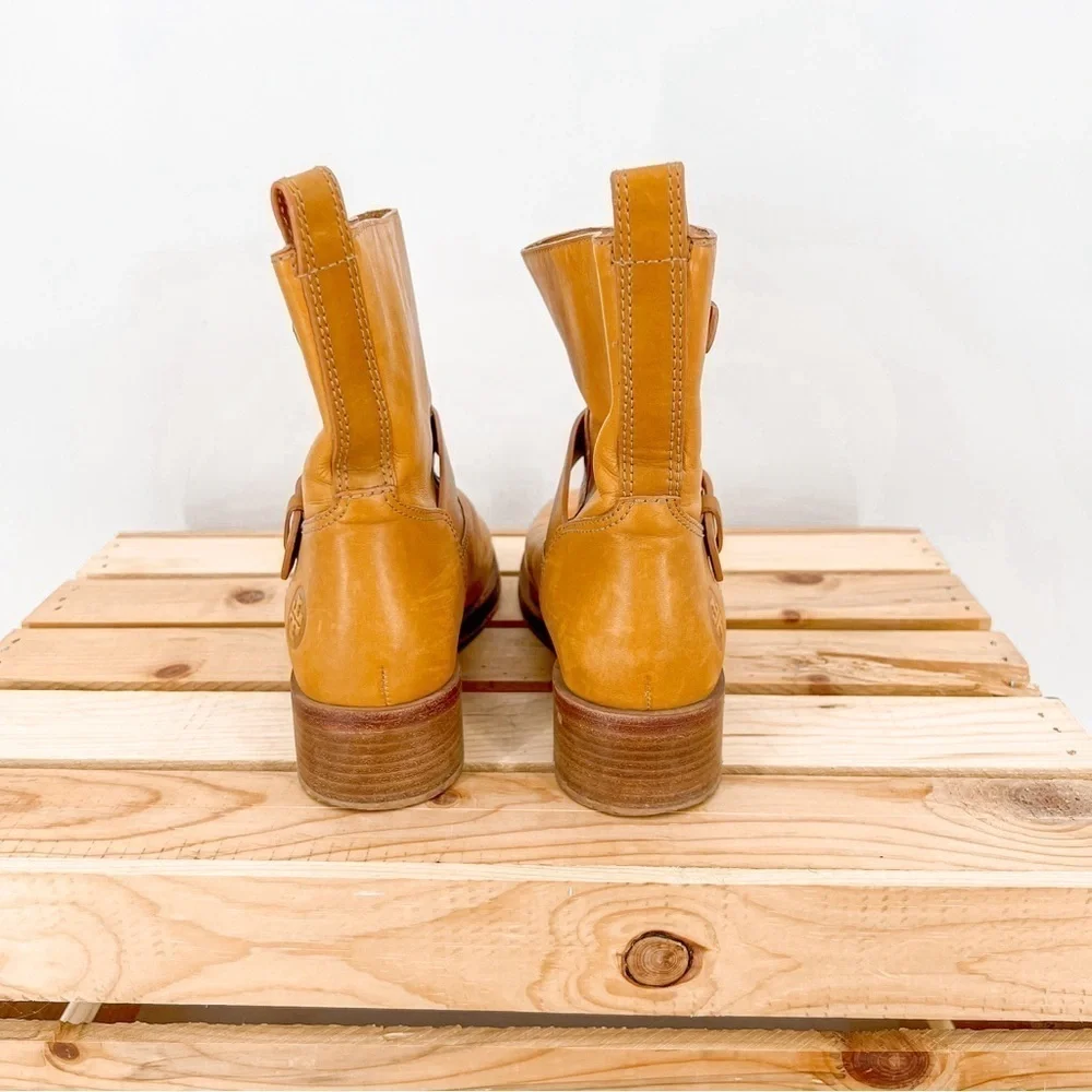 TORY BURCH Bennie Moto Engineer Boot Tan Leather Double Buckle Ankle